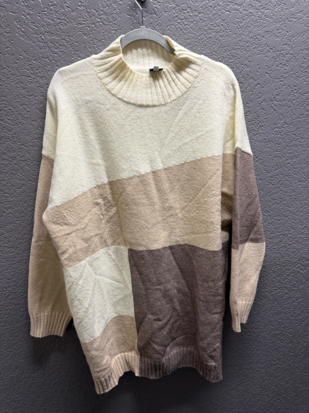 Cream and Brown Colorblock Mock Neck Sweater